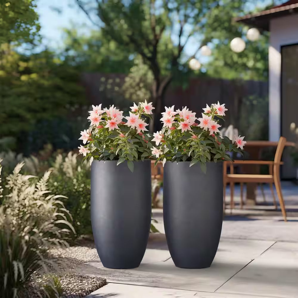 Lightweight 13.5 In. Dia Tall Large Granite Gray Large round Concrete Planter/Flower Pot for Indoor & Outdoor (Set of 2)