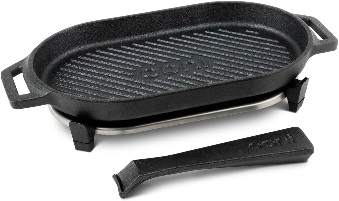 Ooni Cast Iron Grizzler Pan - Grill Frying Pan, 12" X 6" Griddle Plate with Removable Handle and Stainless Steel Trivet, Pre-Seasoned Non-Stick Oven Safe Cookware, Pizza Oven and BBQ Accessories