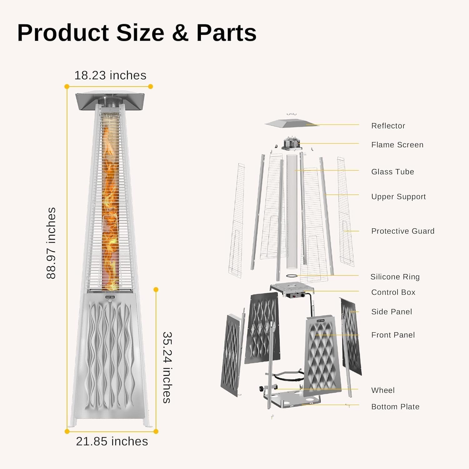 48,000 BTU Pyramid Patio Heater, Quartz Glass Tube Propane Outdoor Heater with Wheels, Triple Safety Protection, 2025 Upgrade for Home, Backyard & Commercial Spaces, Stainless Steel