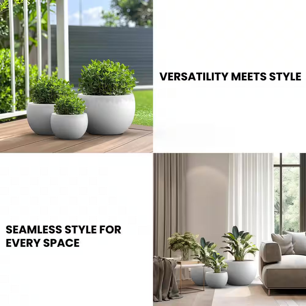 11.5In., 15In., 19In. Dia Crisp White Extra Large Tall round Concrete Plant Pot/Planter for Indoor & Outdoor Set of 3