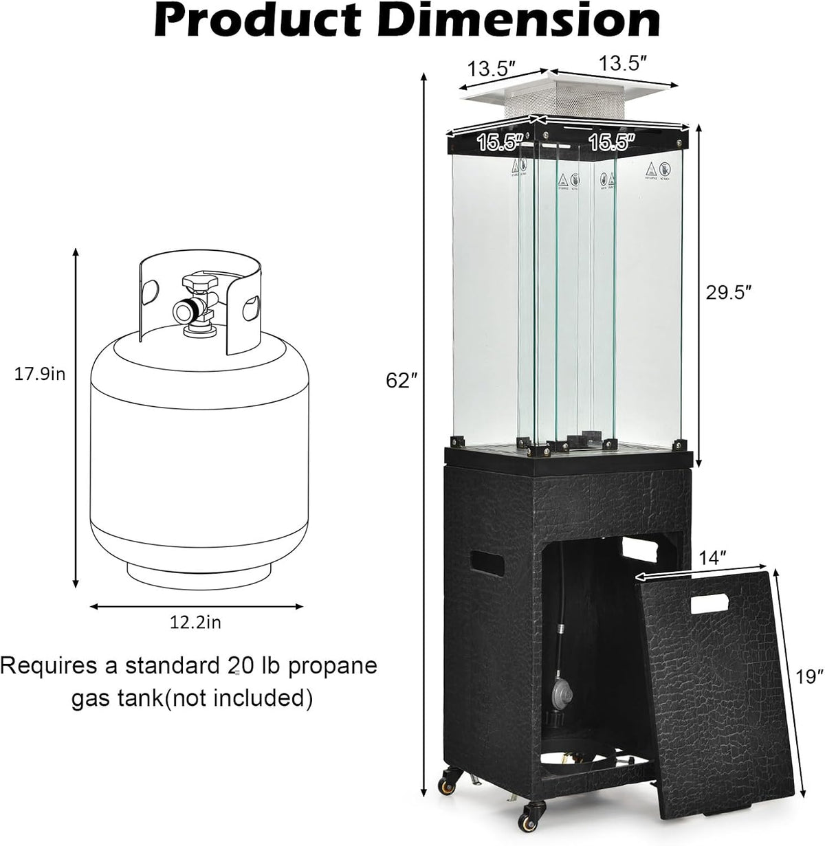 41,000 BTU Propane Patio Heater with Waterproof Cover, Outdoor Heater with Lockable Wheels, Adjustable Feet, Tempered Glass Tube, Suitable for Garden Porch Patio Deck (Black)