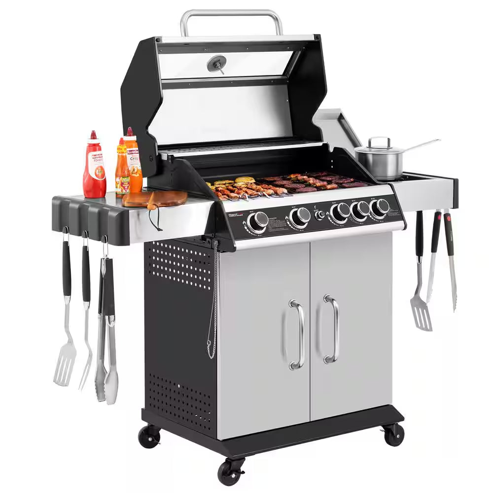 4-Burner Propane Gas Grill with Side Burner with Glass Viewing Window, Cabinet Style, Silver