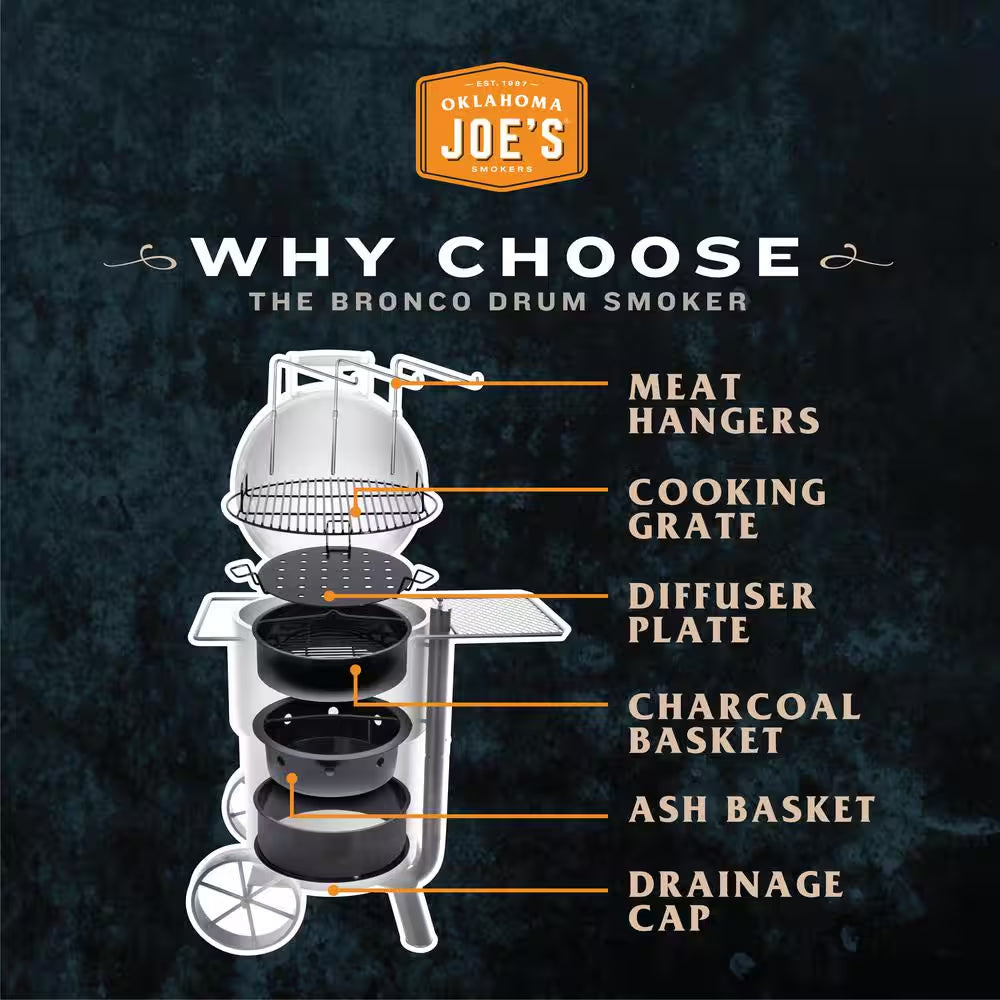 Bronco Charcoal Drum Smoker Grill in Black with 284 Sq. In. Cooking Space