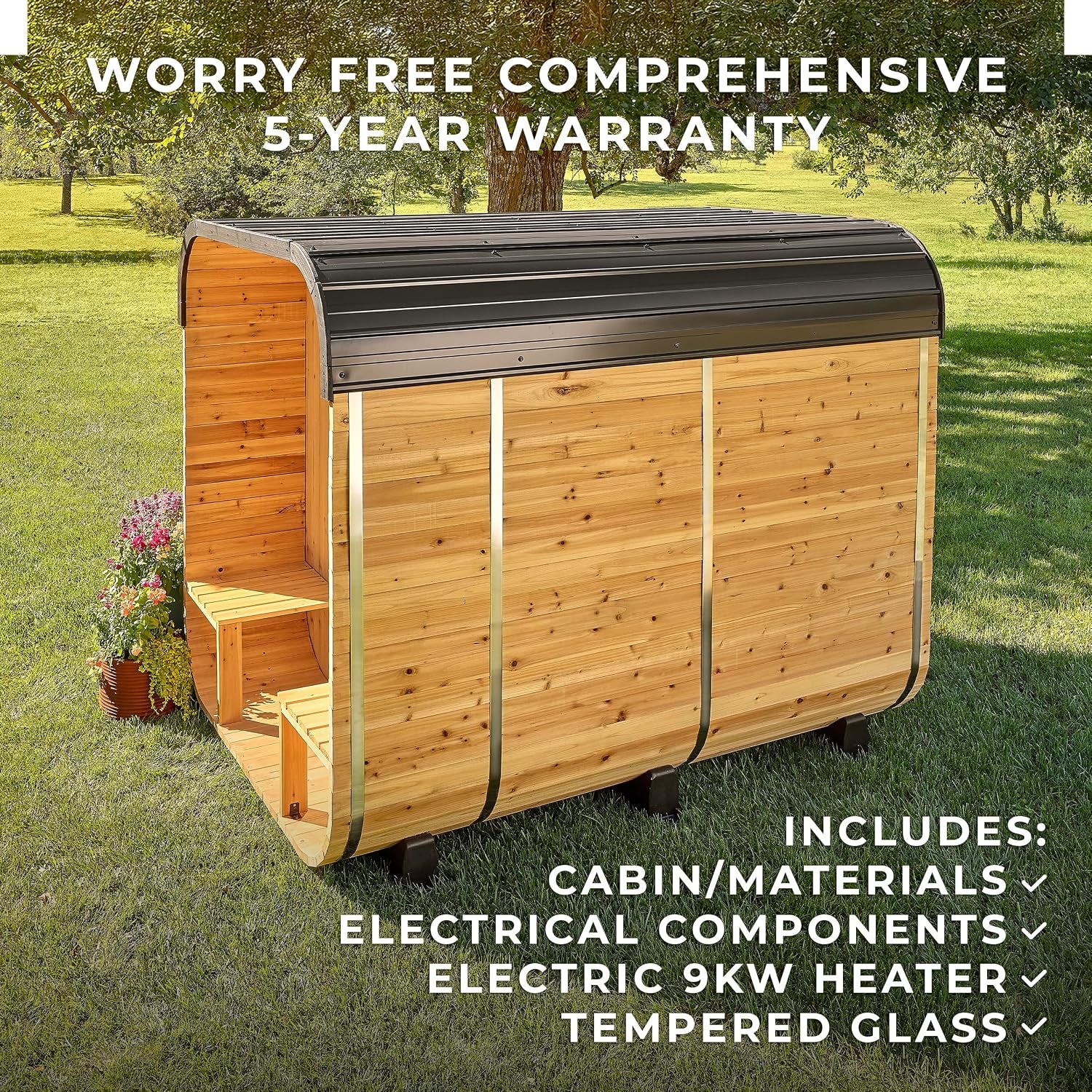Backyard Discovery Lennon 4-6 Person Traditional Cedar Outdoor Cube Sauna with Porch, Electric Sauna Heater, Sauna Rocks, Dry Heat, Steam Sauna, LED Lights, Wi-Fi Control, Sauna Accessories