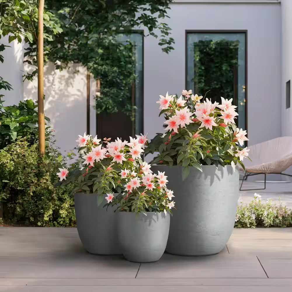 10In., 14In., 18In. Dia Stone Finish Extra Large Tall round Concrete Plant Pot / Planter for Indoor & Outdoor Set of 3