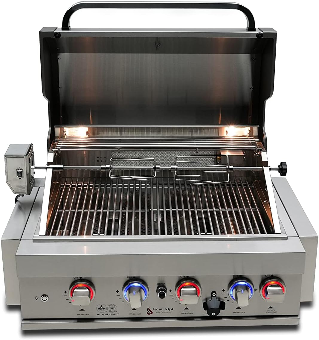 Premium 32"W X 23"D X 21"H Stainless Steel 4-Burner 63000 Btus Outdoor Kitchen Kitchen Island Heavy Duty Propane Built-In BBQ Grill Head with Infrared Rear Burner + Rotisserie Kit + Cover