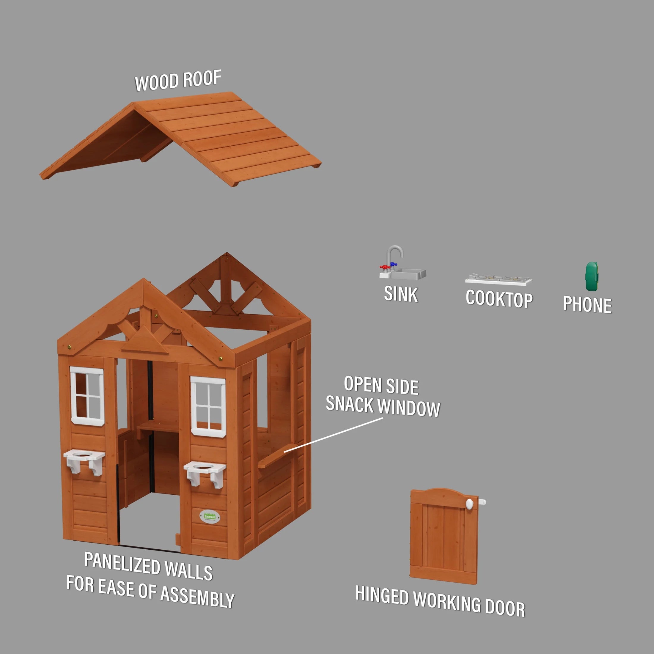 Timberlake Cedar Wooden Kids Playhouse, Play Kitchen, Snack Bar Window