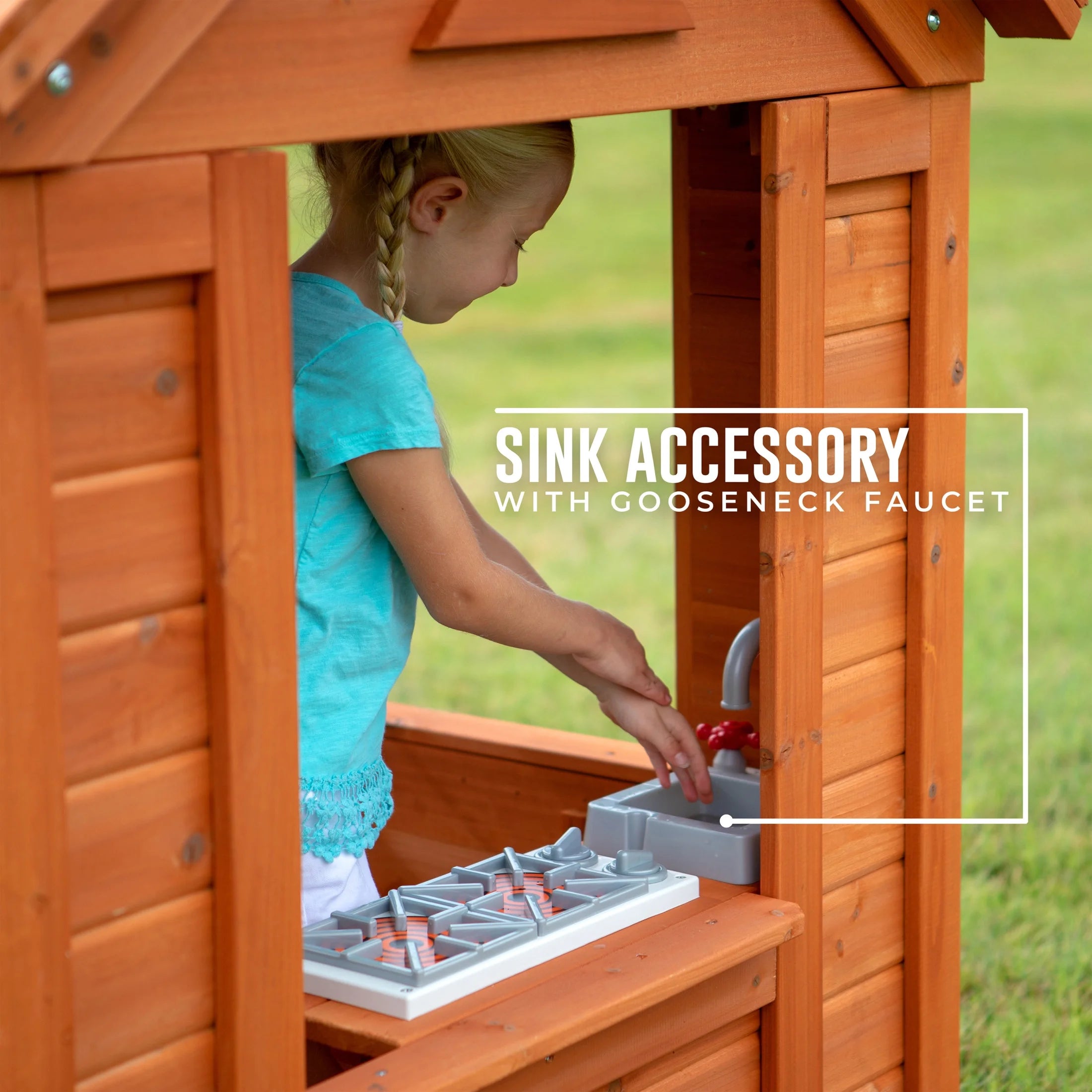 Timberlake Cedar Wooden Kids Playhouse, Play Kitchen, Snack Bar Window