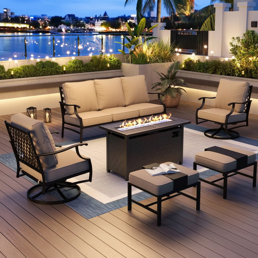 Black Metal Meshed 7 Seat 6-Piece Steel Outdoor Fire Pit Patio Set with Beige Cushions, Black Rectangular Fire Pit Table
