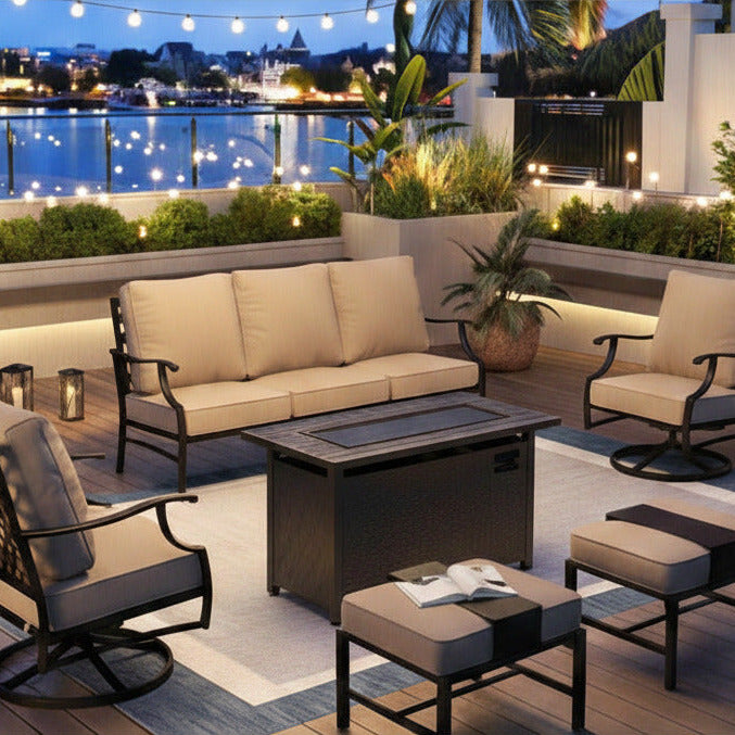 Black Metal Meshed 7 Seat 6-Piece Steel Outdoor Fire Pit Patio Set with Beige Cushions, Black Rectangular Fire Pit Table