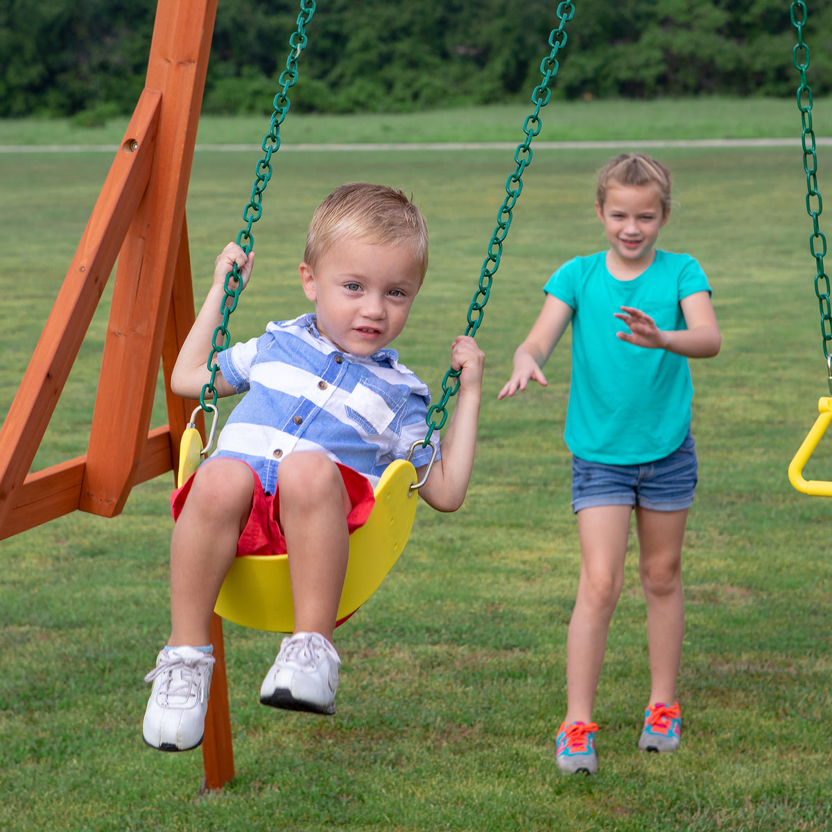 Oakmont Cedar Wooden Swing Set with 4 Foot Dek Height.