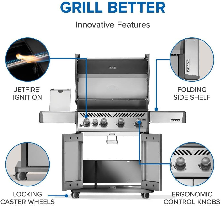 Rogue 525 Natural Gas Grill with Range Side Burner, Stainless Steel, Durable 4-Burner Cooking