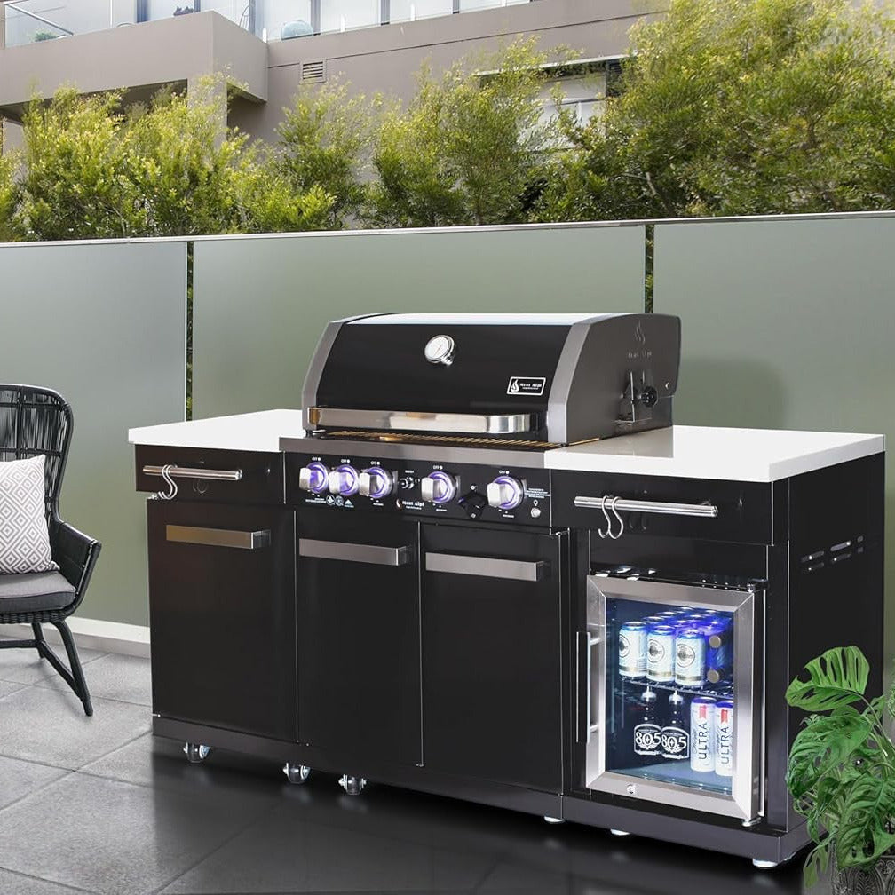 Premium 70"W X 24"D Black Stainless Steel Compact Outdoor Kitchen Island with Refrigerator + 32"W 4-Burner BBQ Grill with Infrared Rotisserie Burner + Storage Cabinets + Granite Countertops