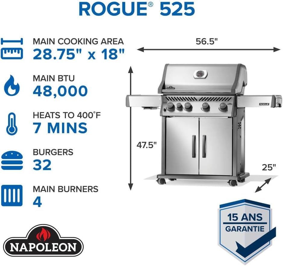 Rogue 525 Natural Gas Grill with Range Side Burner, Stainless Steel, Durable 4-Burner Cooking