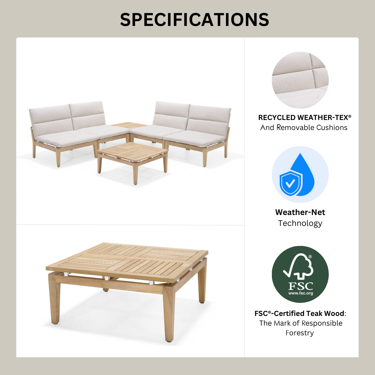 LifestyleGarden Arno Teak 3-Piece Modular Outdoor Bistro Set – Light