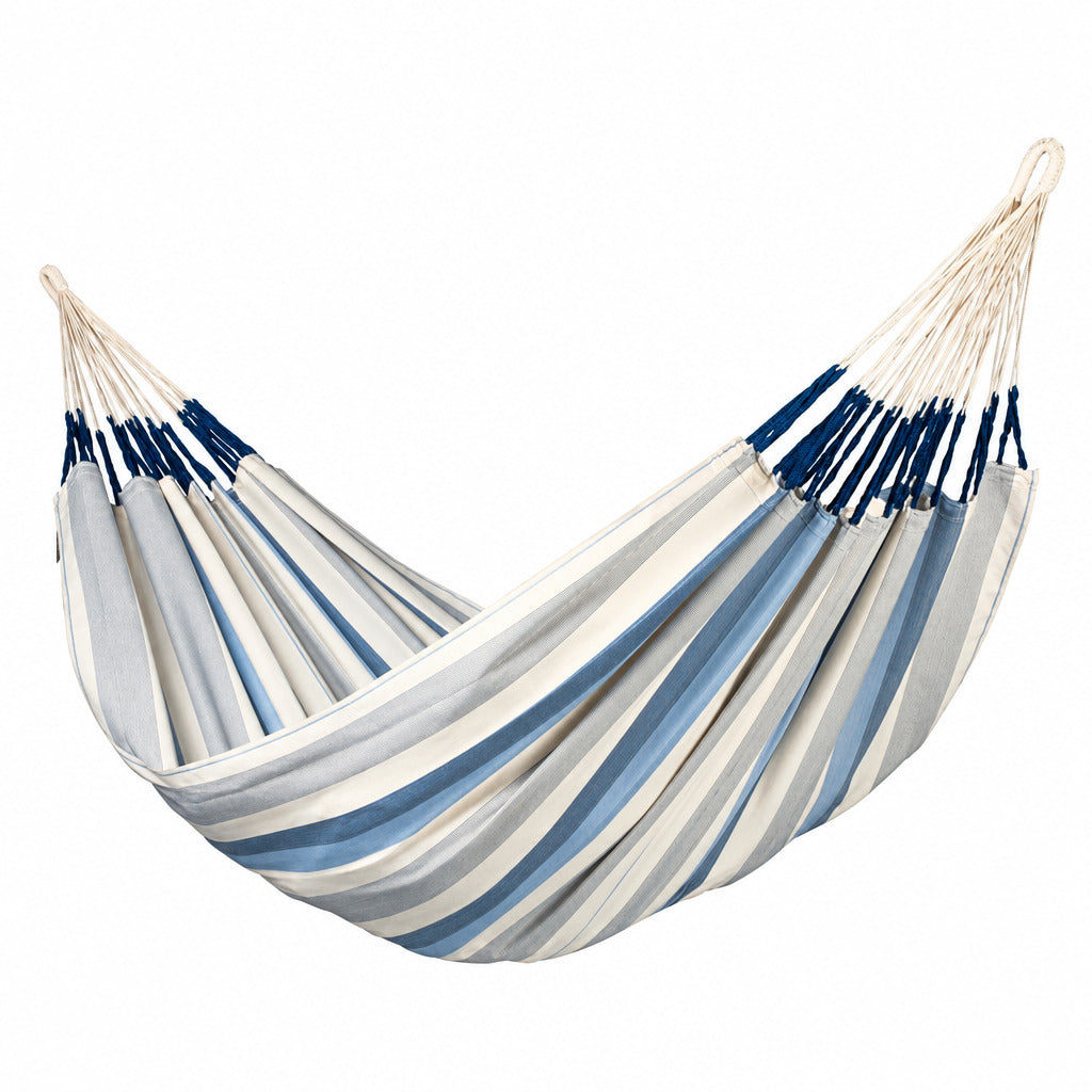 Striped hammock with blue and white pattern on a white background