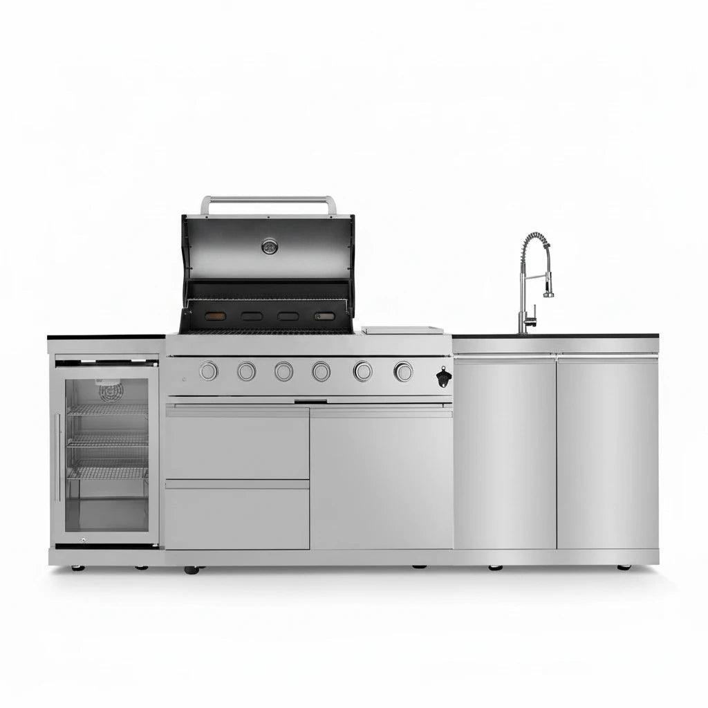 Stainless steel outdoor kitchen island with grill, sink, and refrigerator