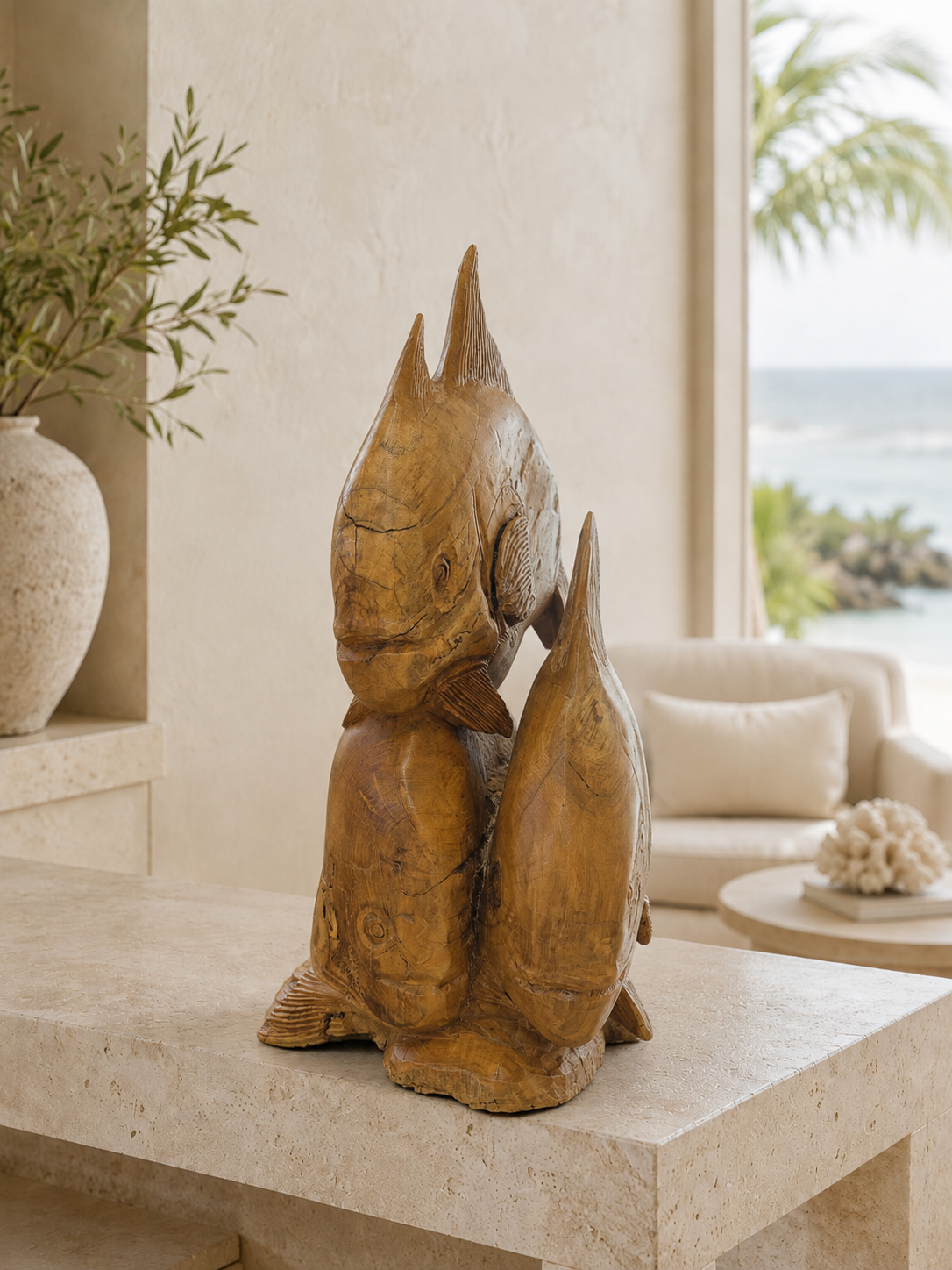 Broward Design Twin Current Hand-Carved Teak Permit Sculpture