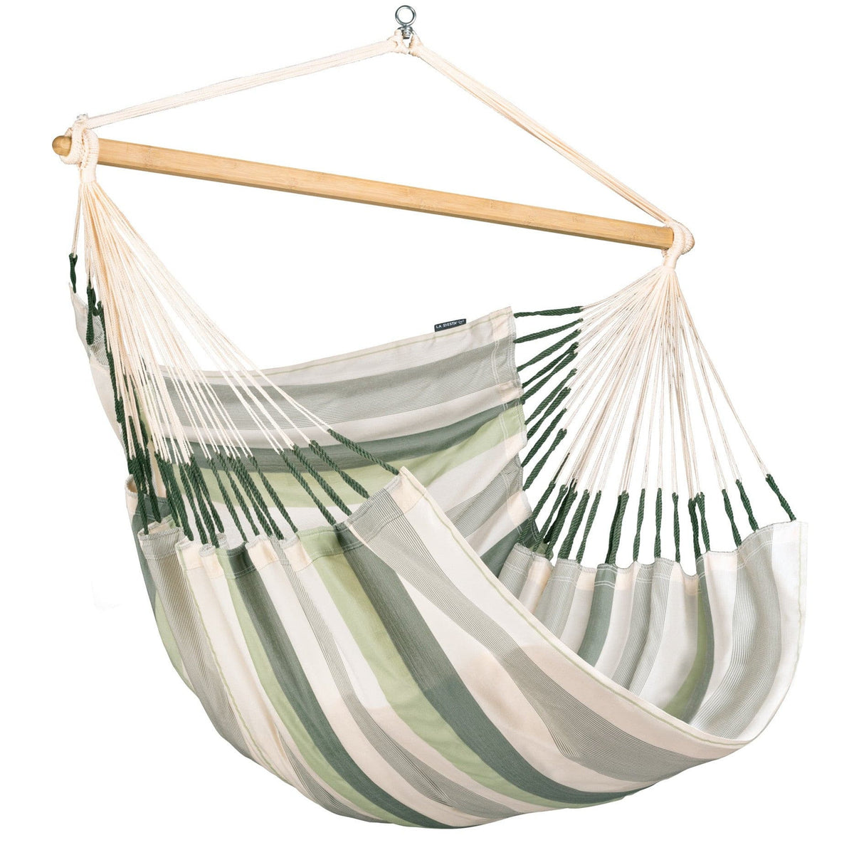 Striped hammock chair with green and white pattern on a white background