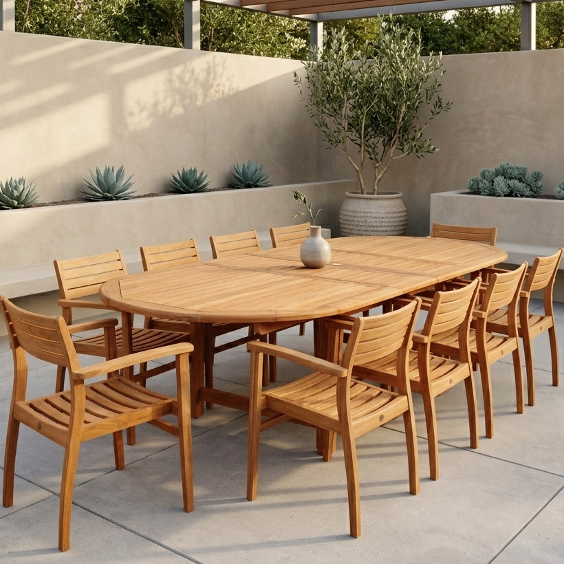 Wooden outdoor dining set with table and chairs on a patio