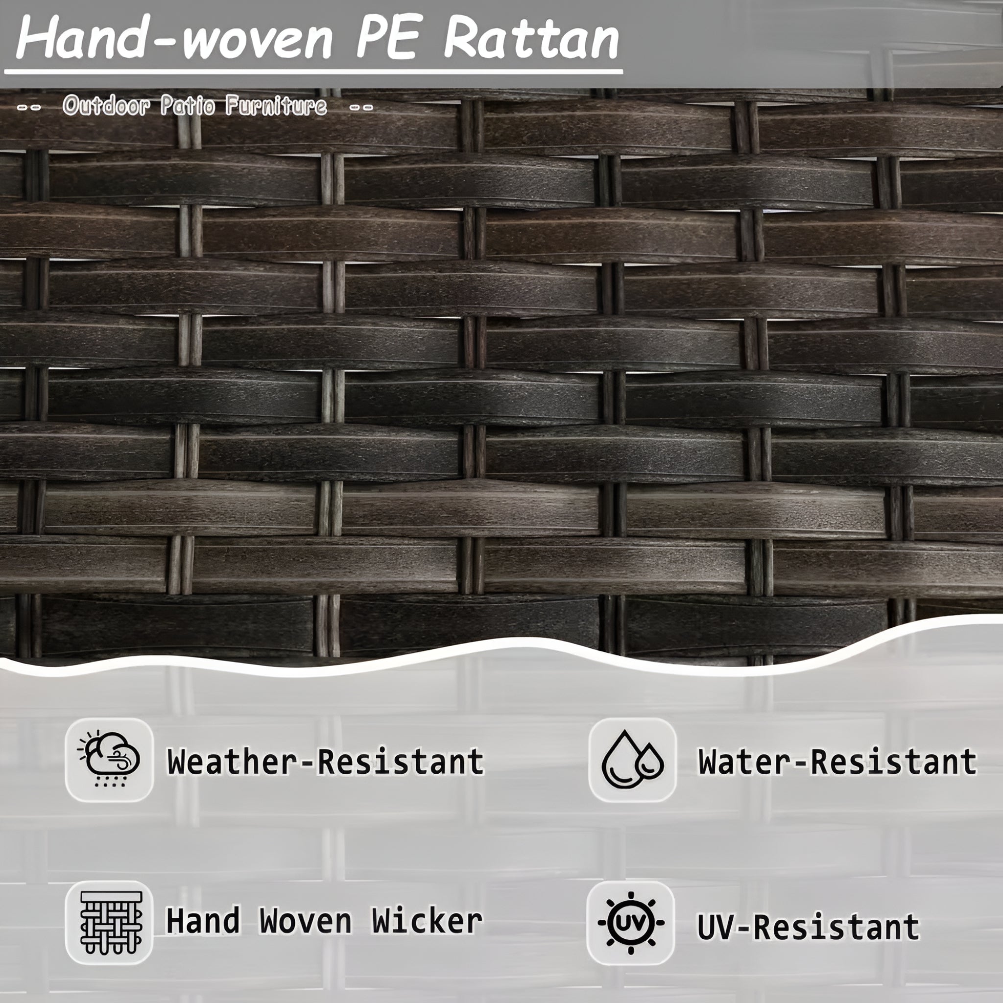 Hand-woven PE rattan pattern with weather-resistant, water-resistant, hand woven wicker, and UV-resistant icons.
