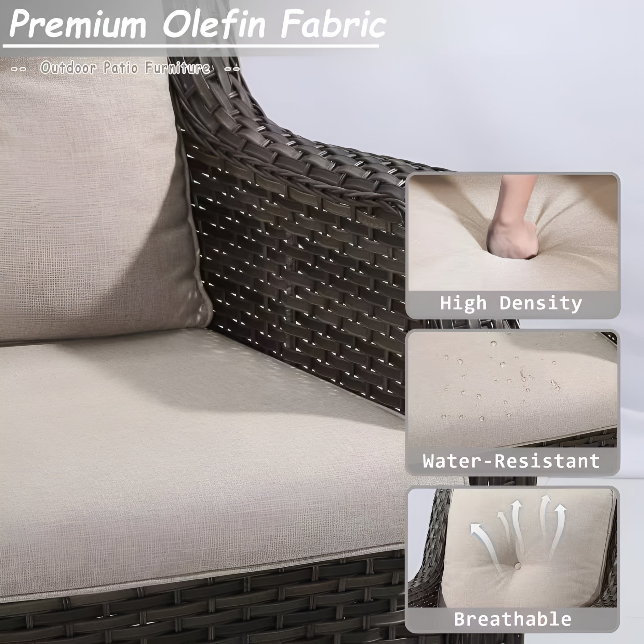 Outdoor patio furniture with beige cushions, highlighting premium olefin fabric features.