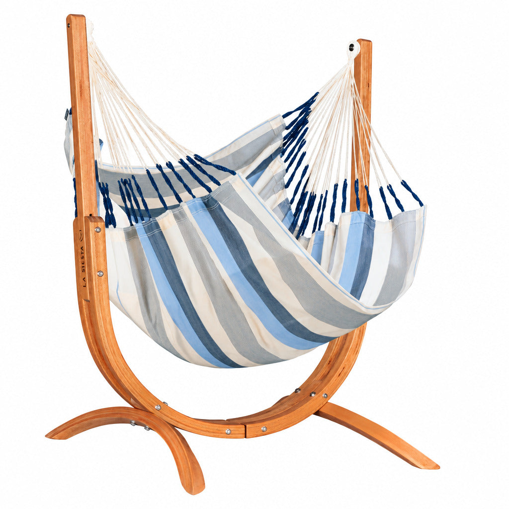Striped hammock with wooden stand on a white background