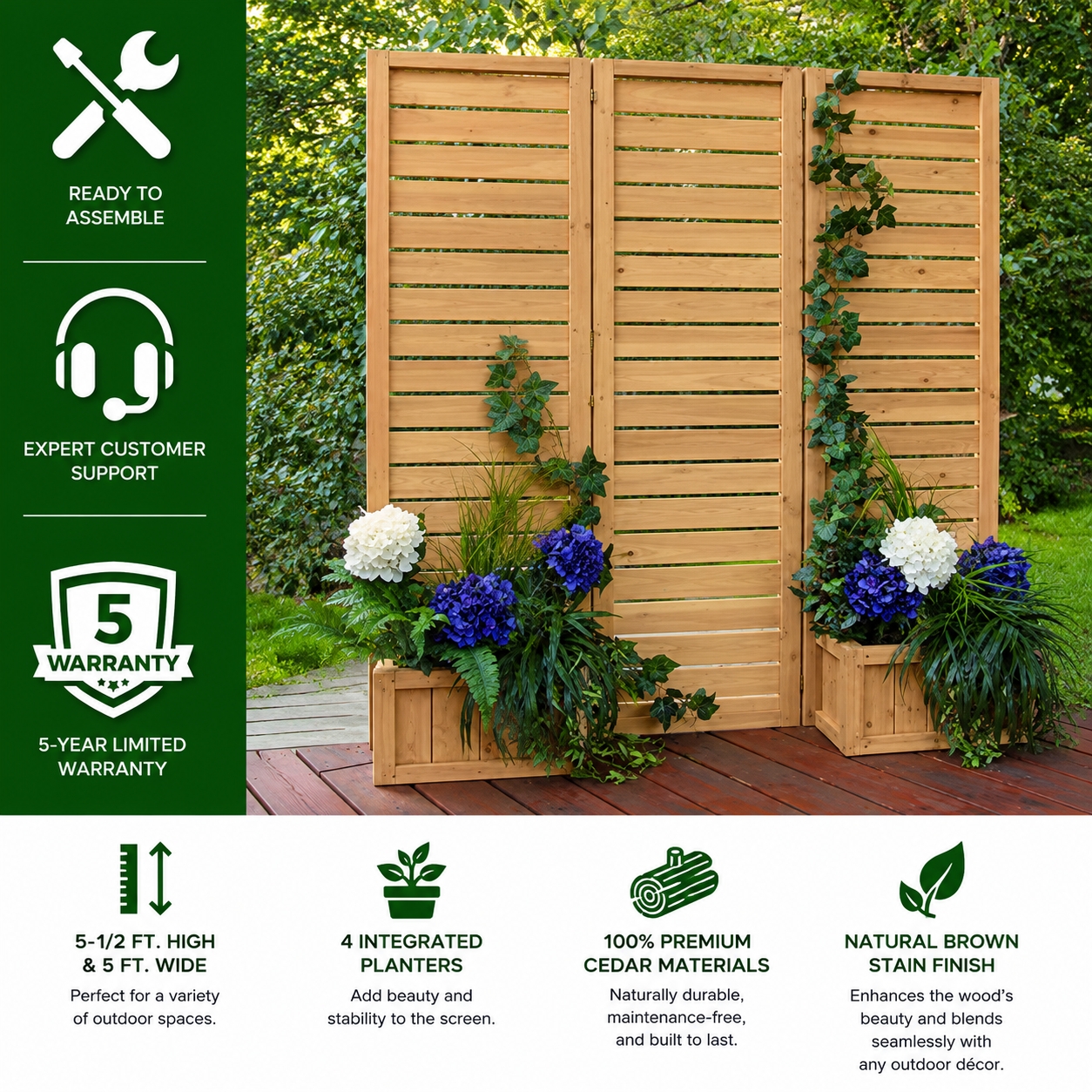 Yardistry® Fusion 5 ft. W x 5.5 ft. H Cedar Privacy Screen with Integrated Planter Boxes