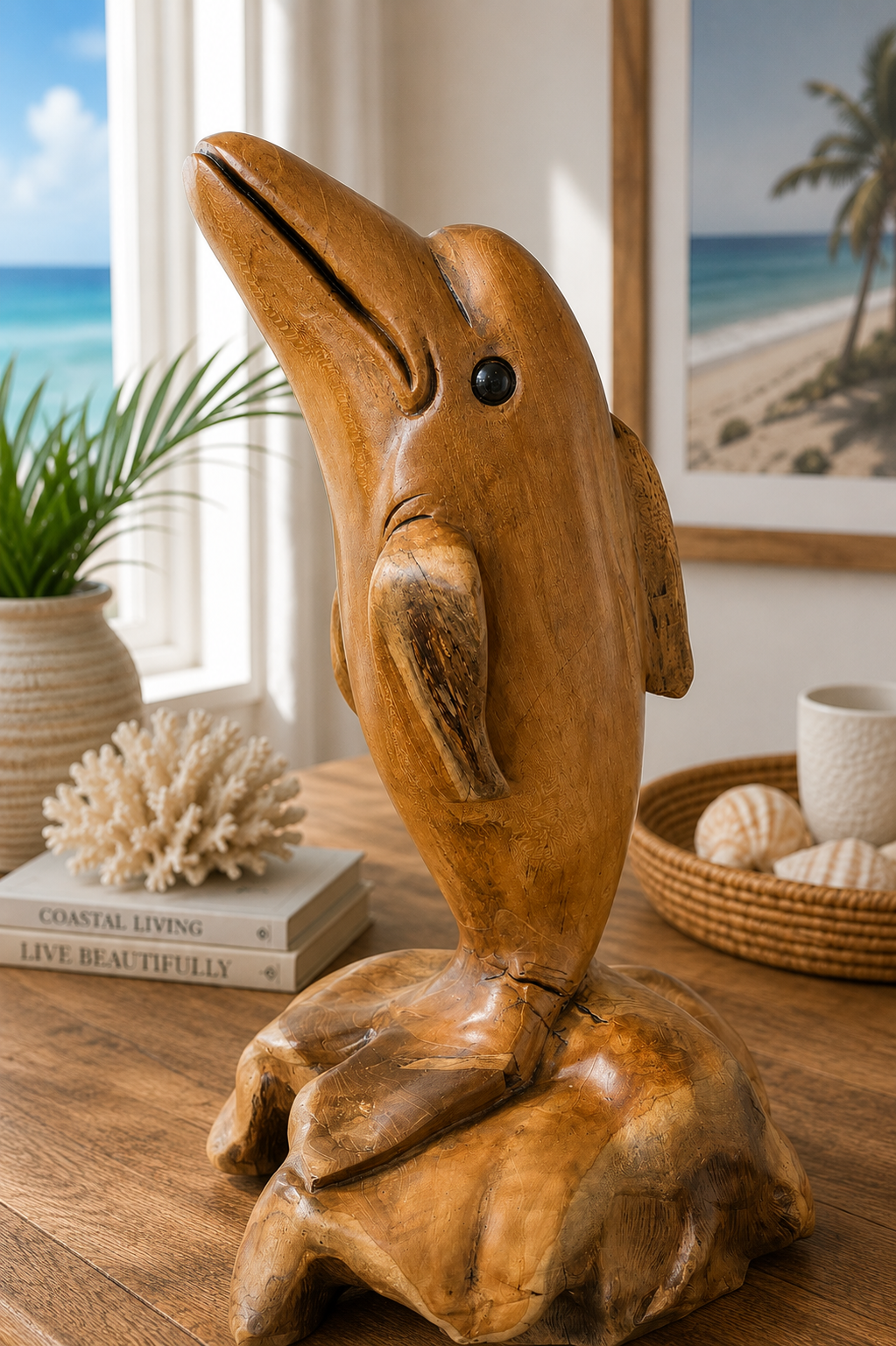 The Broward Design Center Hand-Carved Teak Dolphin Sculpture