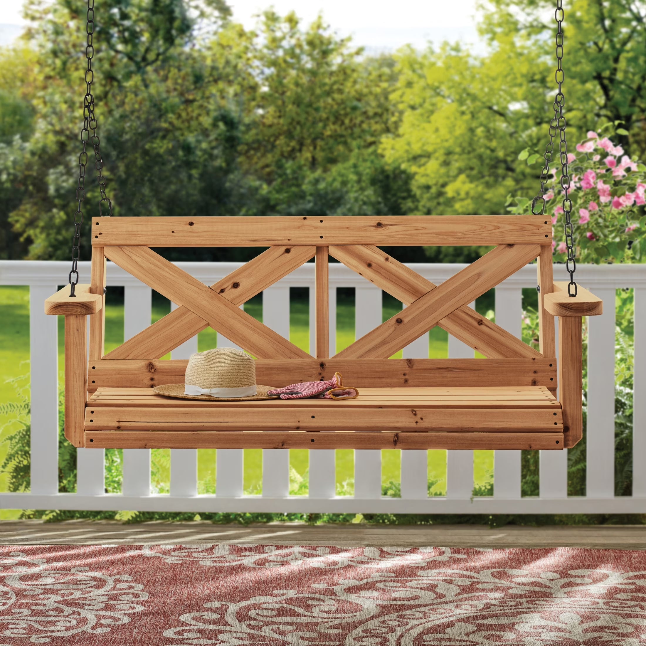 55" Cedar Wood Farmhouse Outdoor Porch Swing Bench, Two-Person Seating
