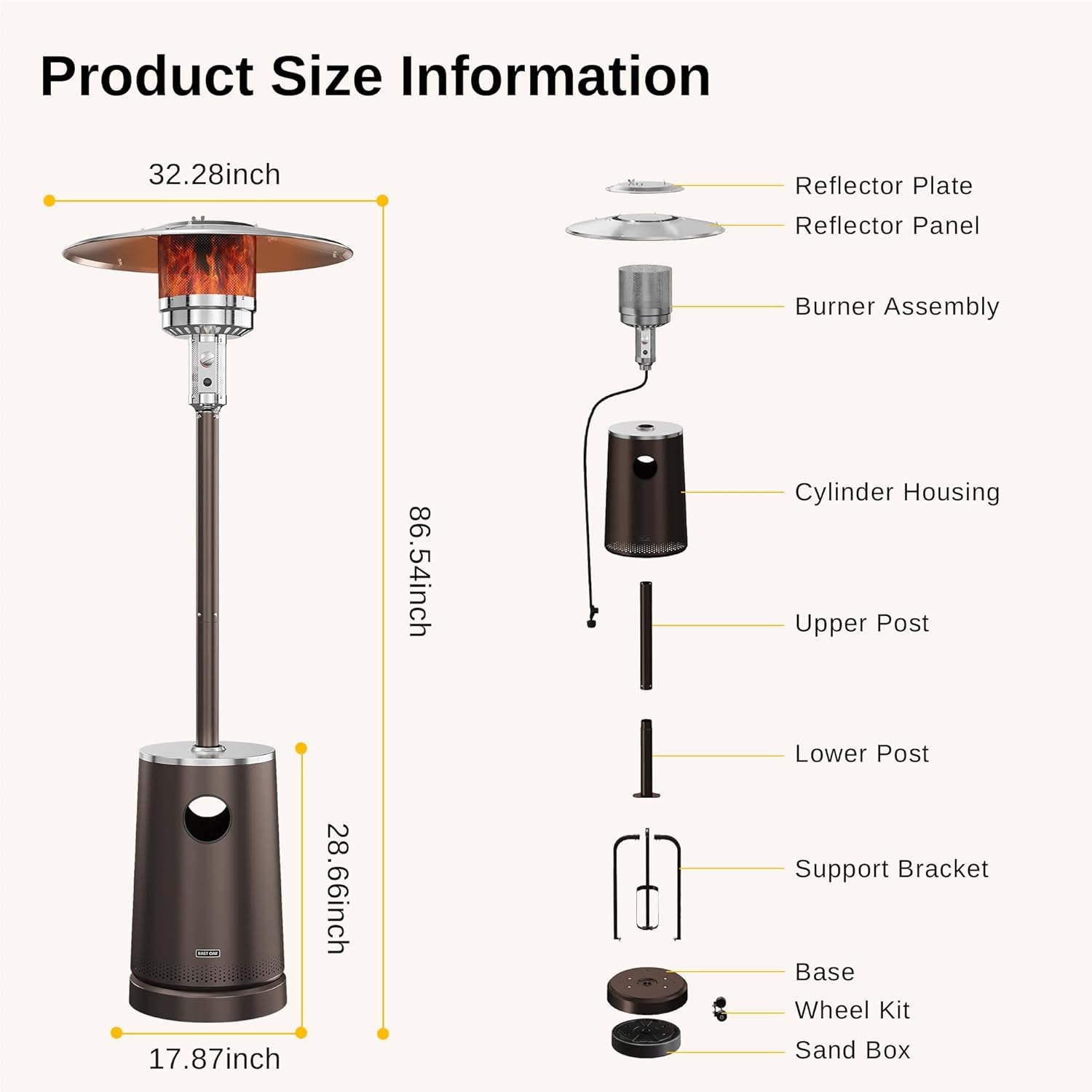 50,000 BTU Patio Heater with Sand Box, Table Design, Double-Layer Stainless Steel Burner, Wheels, Triple Protection System, Outdoor Heater for Home and Residential, Pinecone