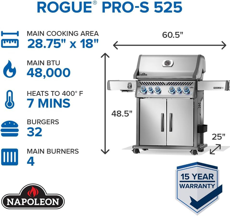 Rogue PRO-S 525 Propane Gas Grill with Infrared Side and Rear Burners, Stainless Steel, Durable 6-Burner BBQ