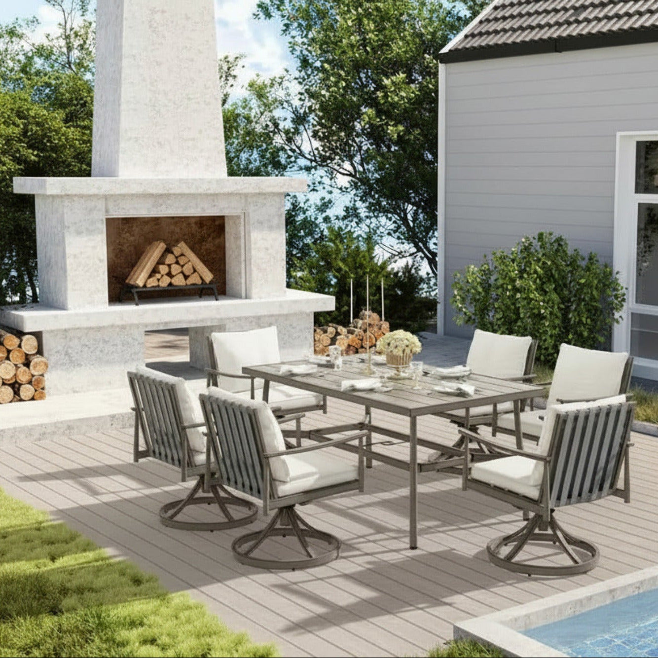 Sunset Retreat Aluminum Outdoor Patio Dining Swivel Chairs with Light Gray Cushions (2-Pack)