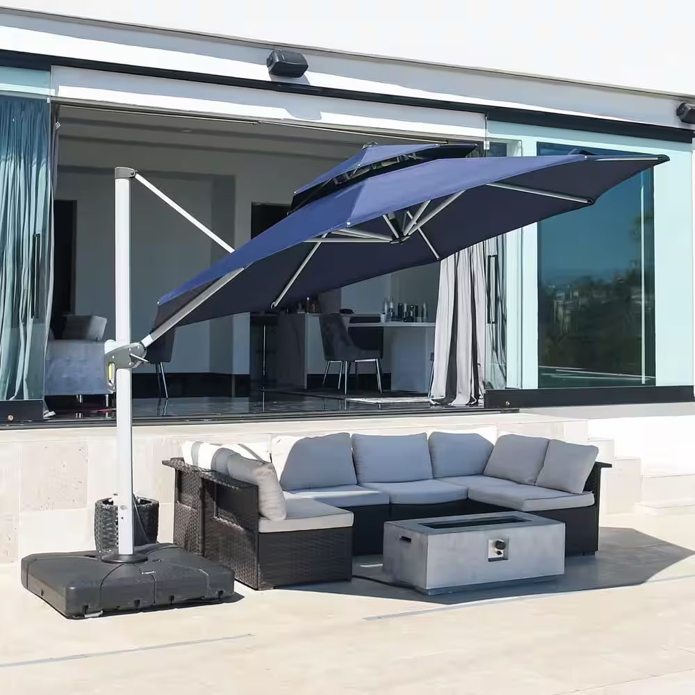 11 Ft. Octagon Windproof Aluminum 360 Rotation Cantilever Polyester Outdoor Patio Umbrella with Base, Navy Blue