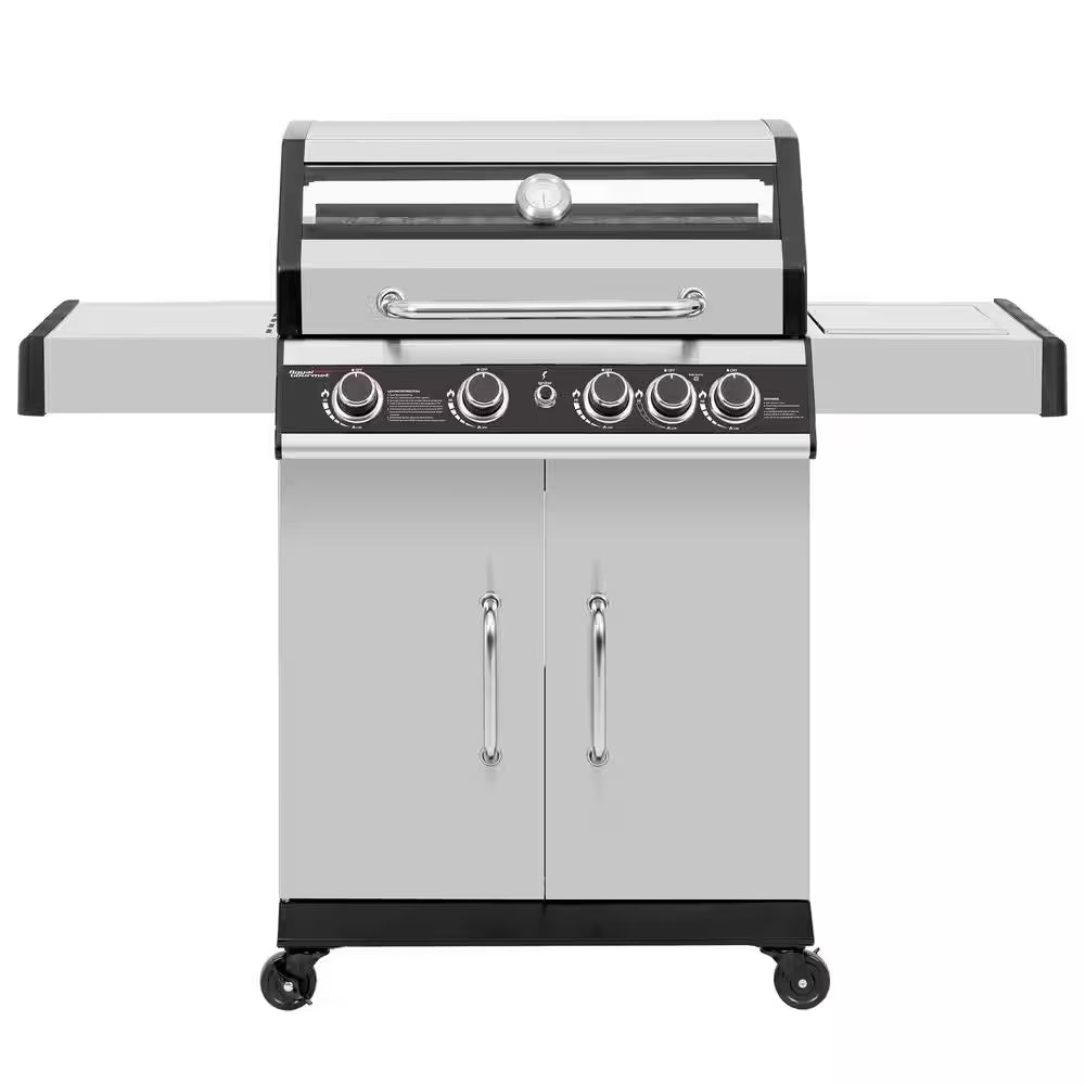 4-Burner Propane Gas Grill with Side Burner with Glass Viewing Window, Cabinet Style, Silver