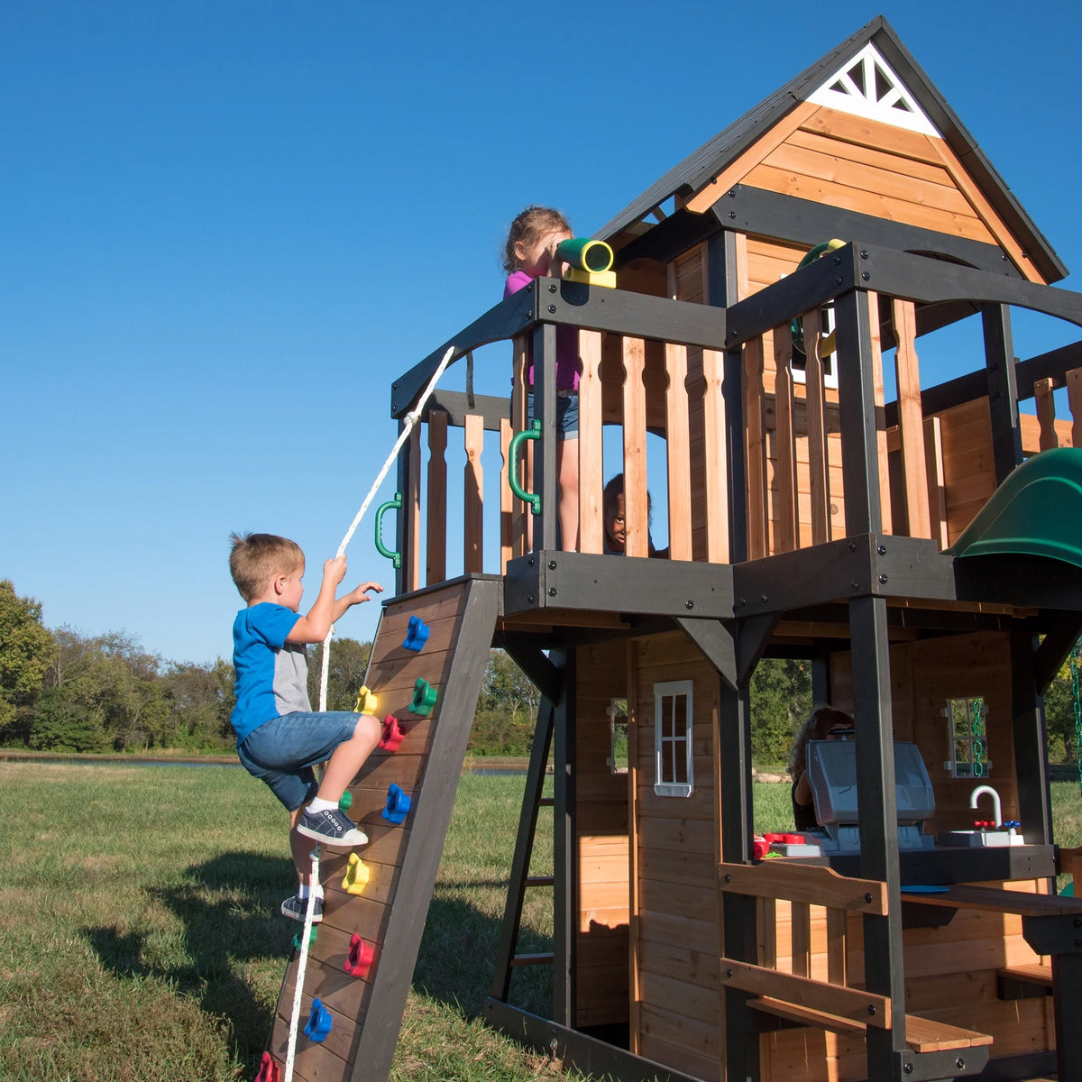 Canyon Creek Cedar Wood Swing Set, Slide, Clubhouse, Rock Wall
