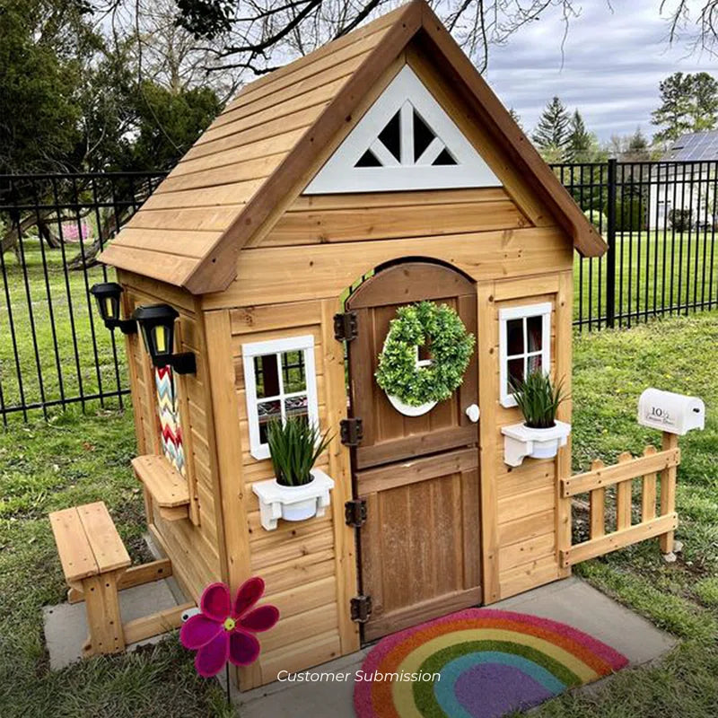 Aspen Cedar Wooden Kids Playhouse with Play Kitchen, Snack Bar Window, and Picnic Bench
