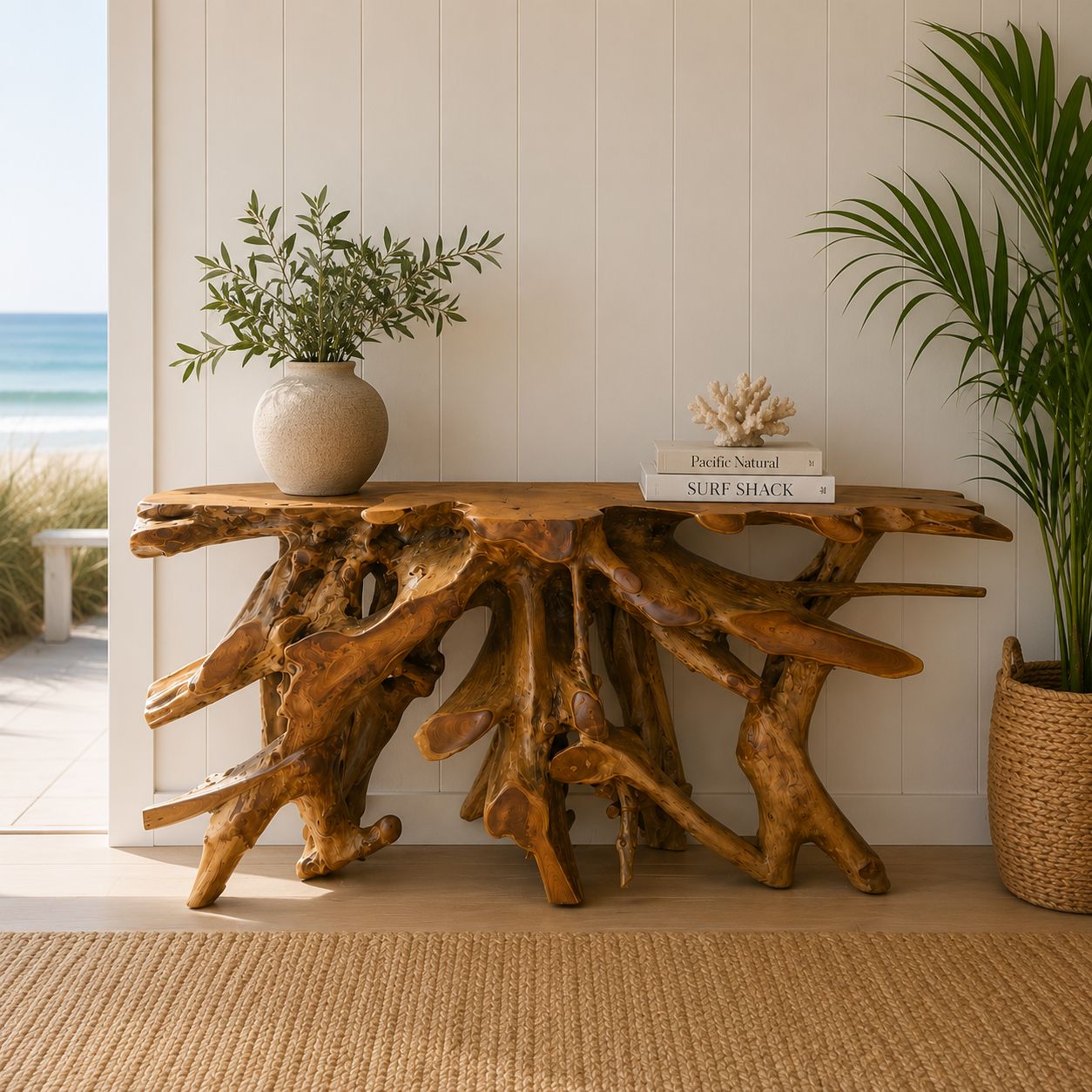 The Broward Design Center Handcrafted Teak Root Console Table – 59"