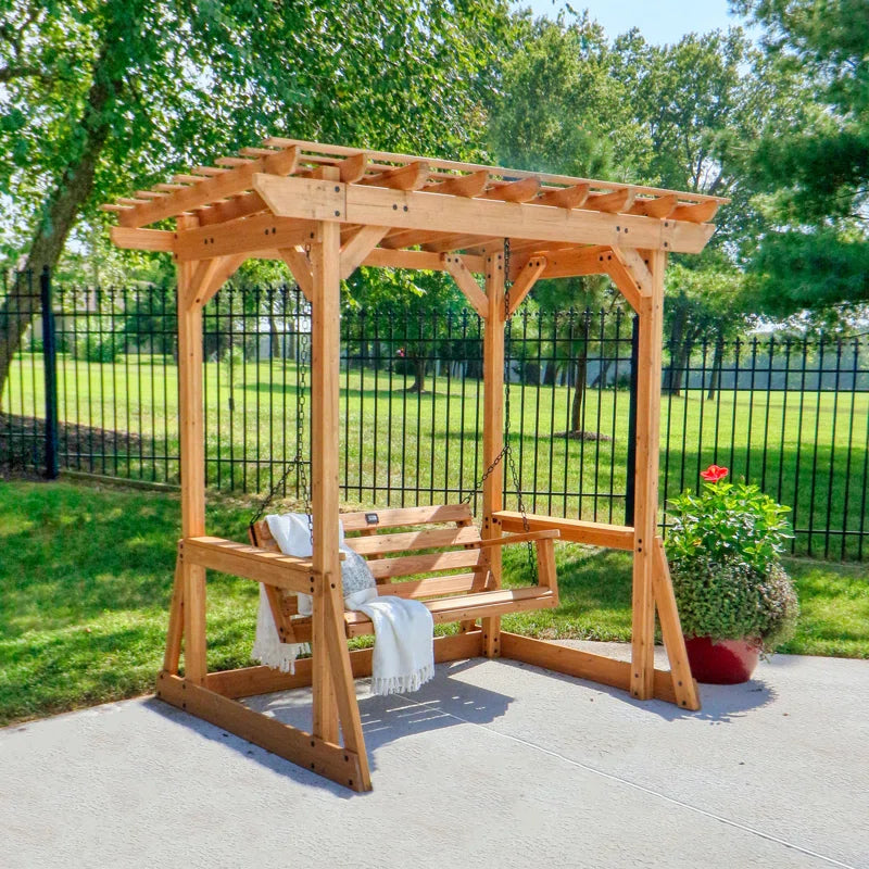 Callahan Cedar Wood Outdoor Patio Pergola Swing Bench with Trellis and Two-Person Seating