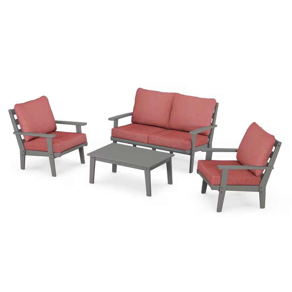 Grant Park Slate Grey 4-Piece Plastic Patio Conversation Deep Seating Set with Silver Garnet Cushions