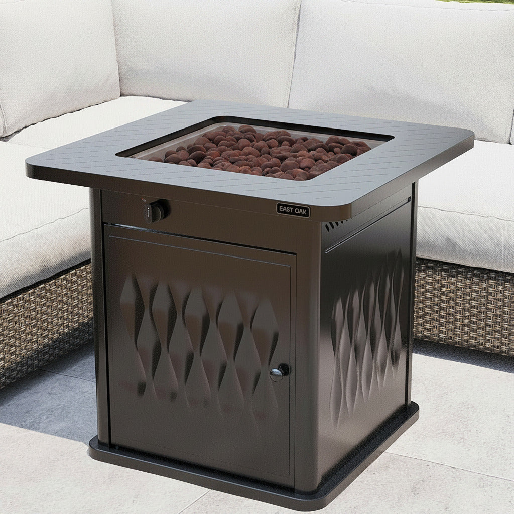 28'' Steel Propane Fire Pit Table, 50,000 BTU CSA Certified Fire Table with Magnetic Lid, Steel Gas Firepit for Outdoor and Garden, Cover-Storage Basket and Lava Rock , Chocolate Coffee