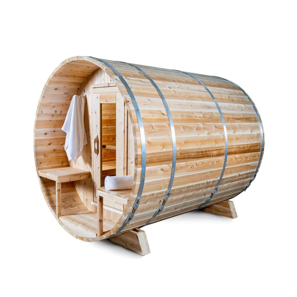 Dundalk LeisureCraft Canadian Timber Serenity 4-Person Barrel Sauna with Front Porch | CTC2245W