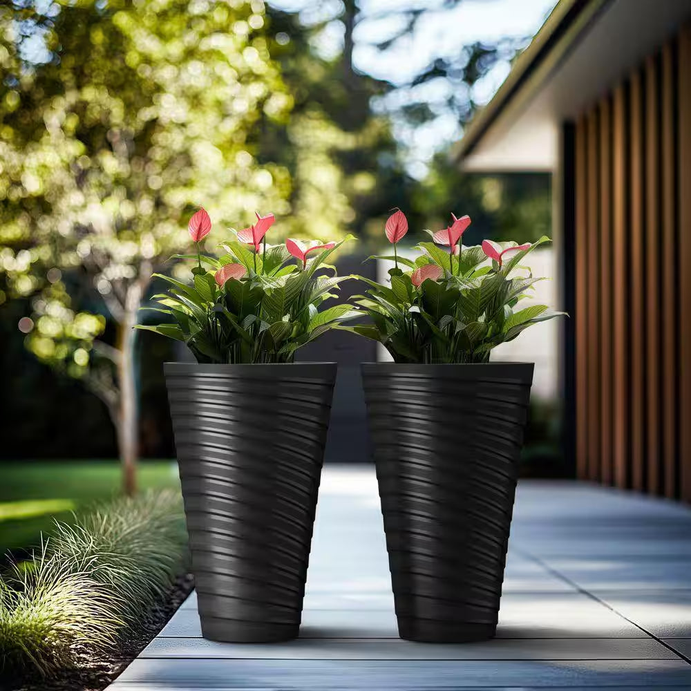 23 In. High Large Spiral Black Plastic round Planter / Pot with Drainage Holes (Set of 2)