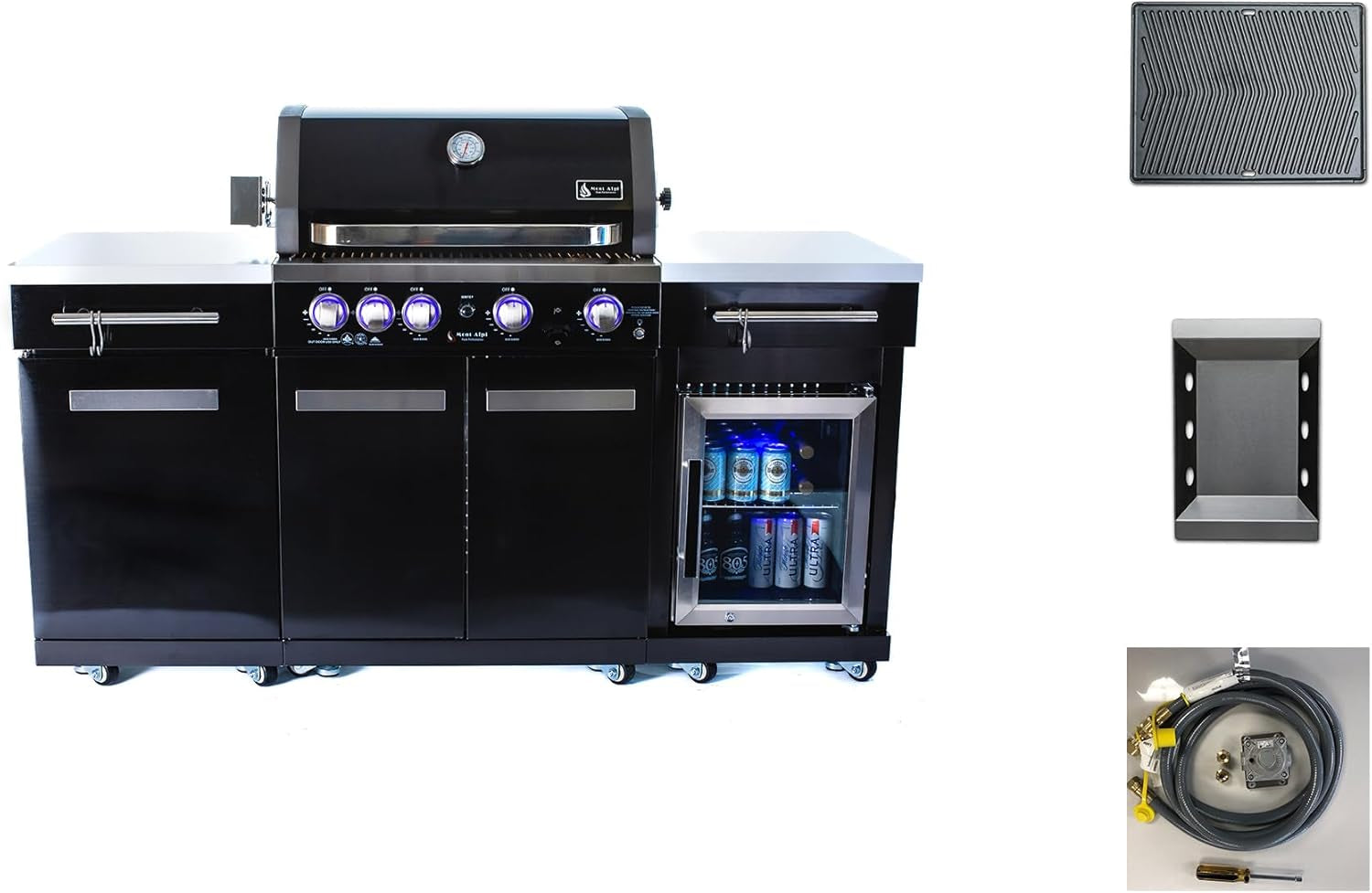 Premium 70"W Black Stainless Steel Outdoor Kitchen Island BBQ Gas Grill with Compact Refrigerator & Rotisserie Burner + Dual Sided Griddle Plate + Charcoal Tray + Natural Gas Conversion Kit