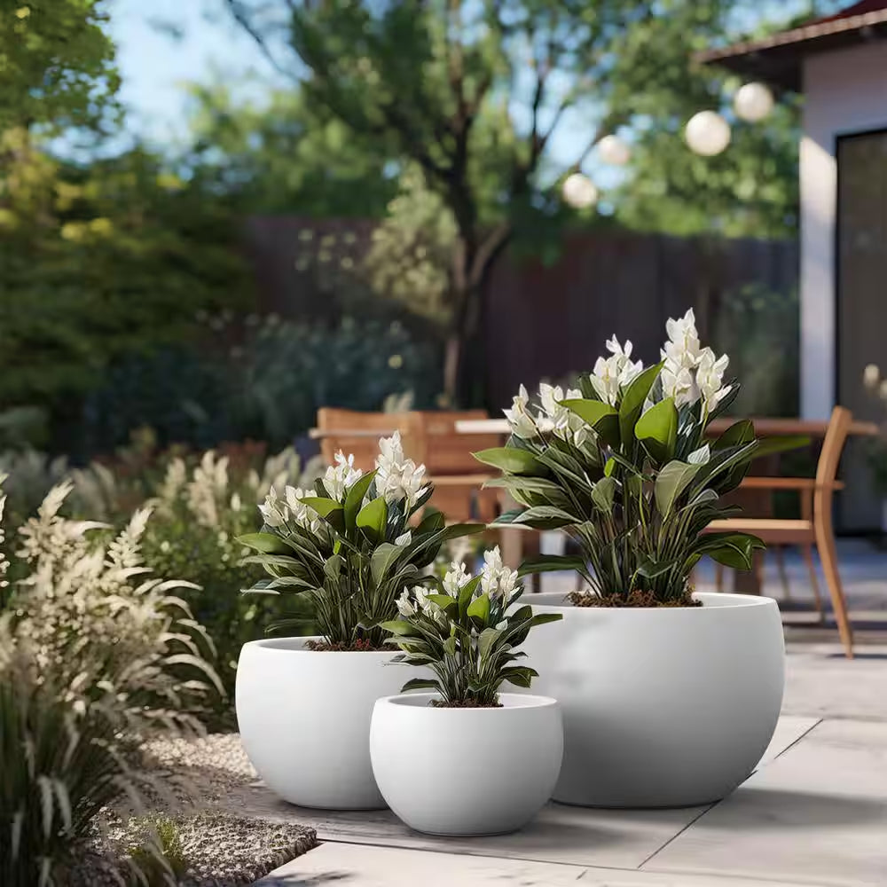 11.5In., 15In., 19In. Dia Crisp White Extra Large Tall round Concrete Plant Pot/Planter for Indoor & Outdoor Set of 3