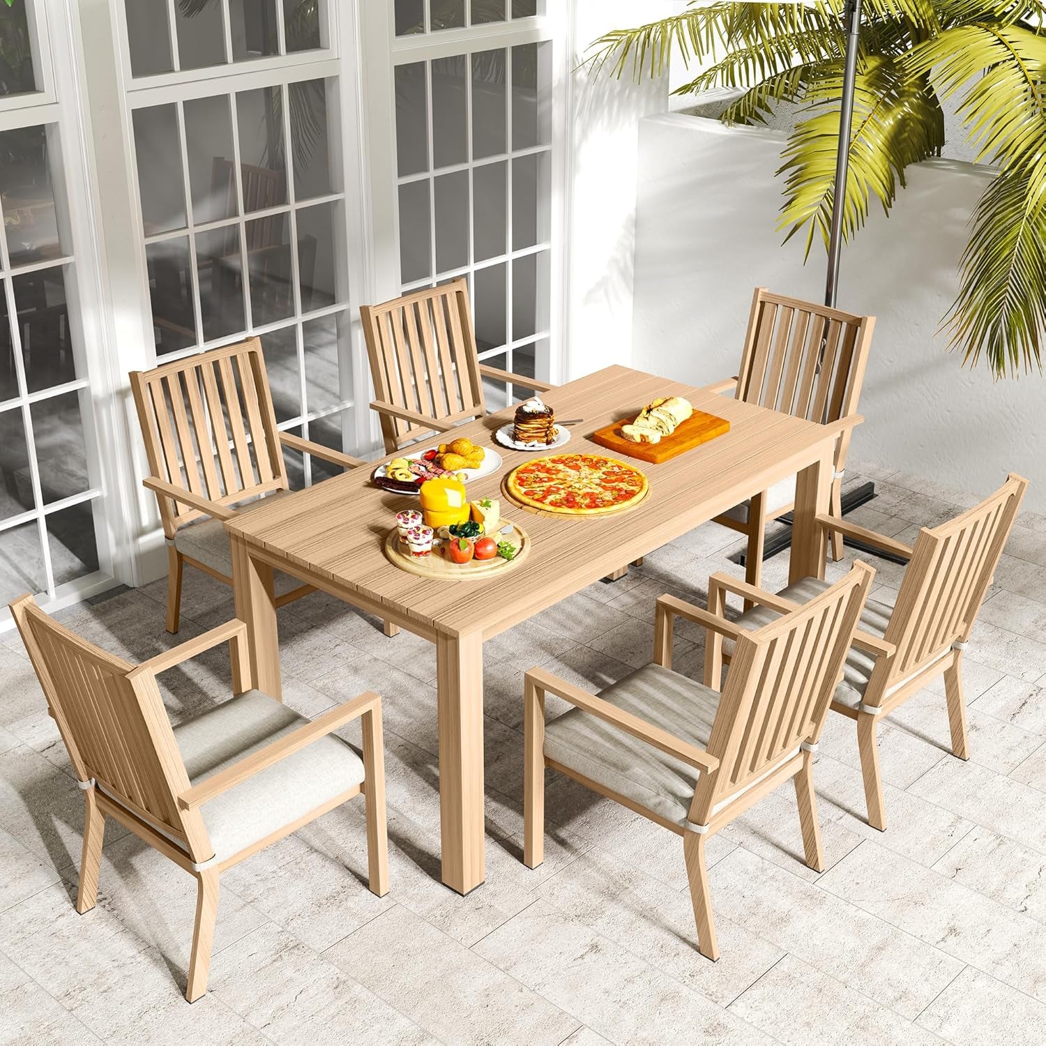 Aluminum 7 Pieces Patio Dining Sets, Outdoor Dining Table with 6 Chairs, Outdoor Patio Dining Furniture Set with Removable Cushion for Lawn, Garden, Backyard, Brown