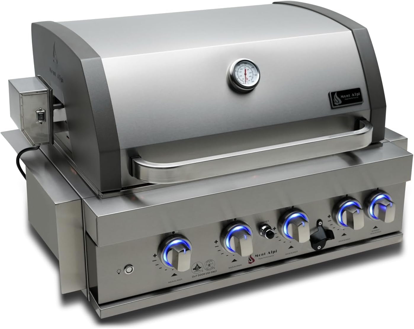 Premium 32"W X 23"D X 21"H Stainless Steel 4-Burner 63000 Btus Outdoor Kitchen Kitchen Island Heavy Duty Propane Built-In BBQ Grill Head with Infrared Rear Burner + Rotisserie Kit + Cover