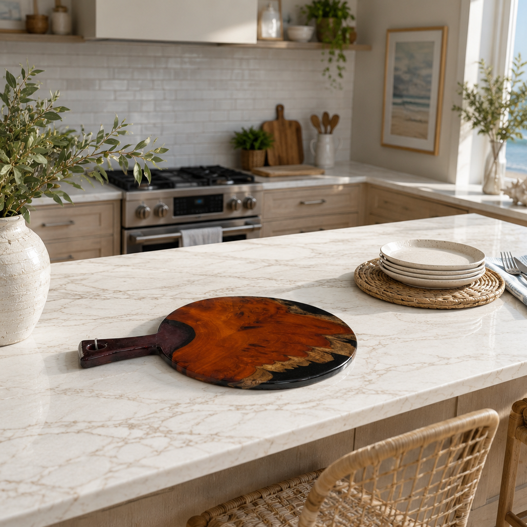 A styled kitchen island with a white marble countertop, featuring a round wooden serving board with a dark handle, stacked white plates, woven placemats, and a ceramic vase with greenery. In the background, a stainless steel gas stove and oven are set against a white subway tile backsplash, with an ocean view visible in the window.