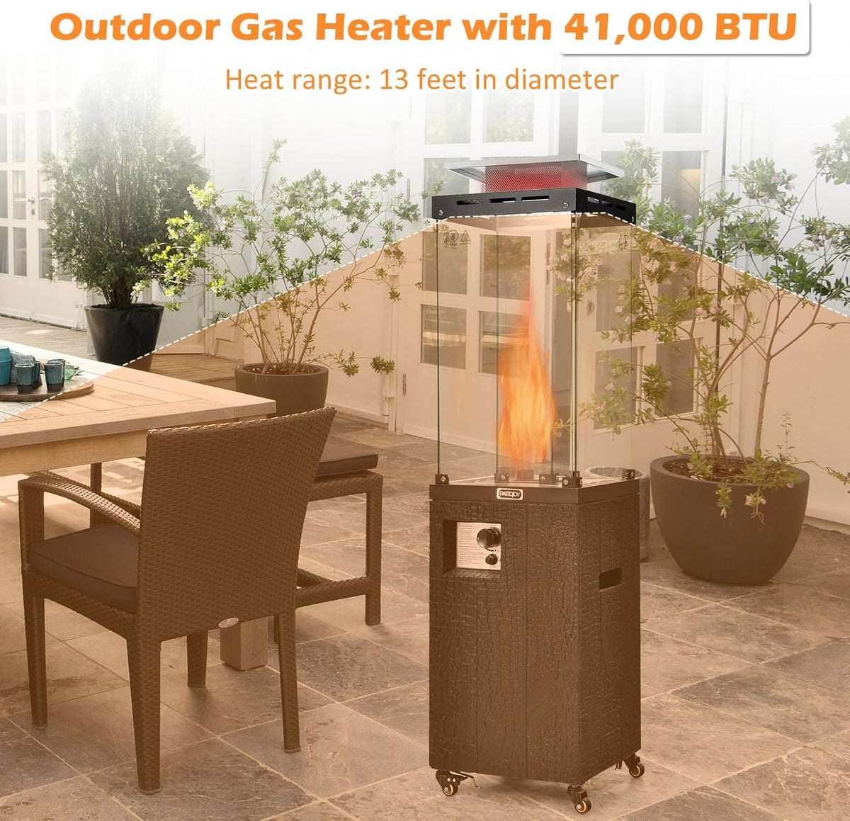 41,000 BTU Propane Patio Heater with Waterproof Cover, Outdoor Heater with Lockable Wheels, Adjustable Feet, Tempered Glass Tube, Suitable for Garden Porch Patio Deck (Black)