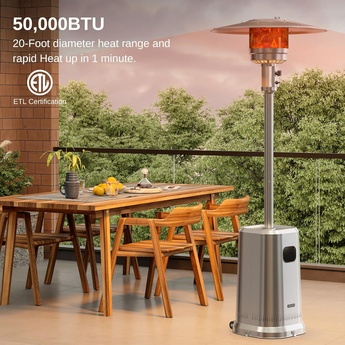 Anti-Rust 50,000 BTU Patio Heater for Outdoor Use with Double-Layer Stainless Steel Burner, Table Design and Wheels, Propane Patio Heater for Home and Commercial, Stainless Steel